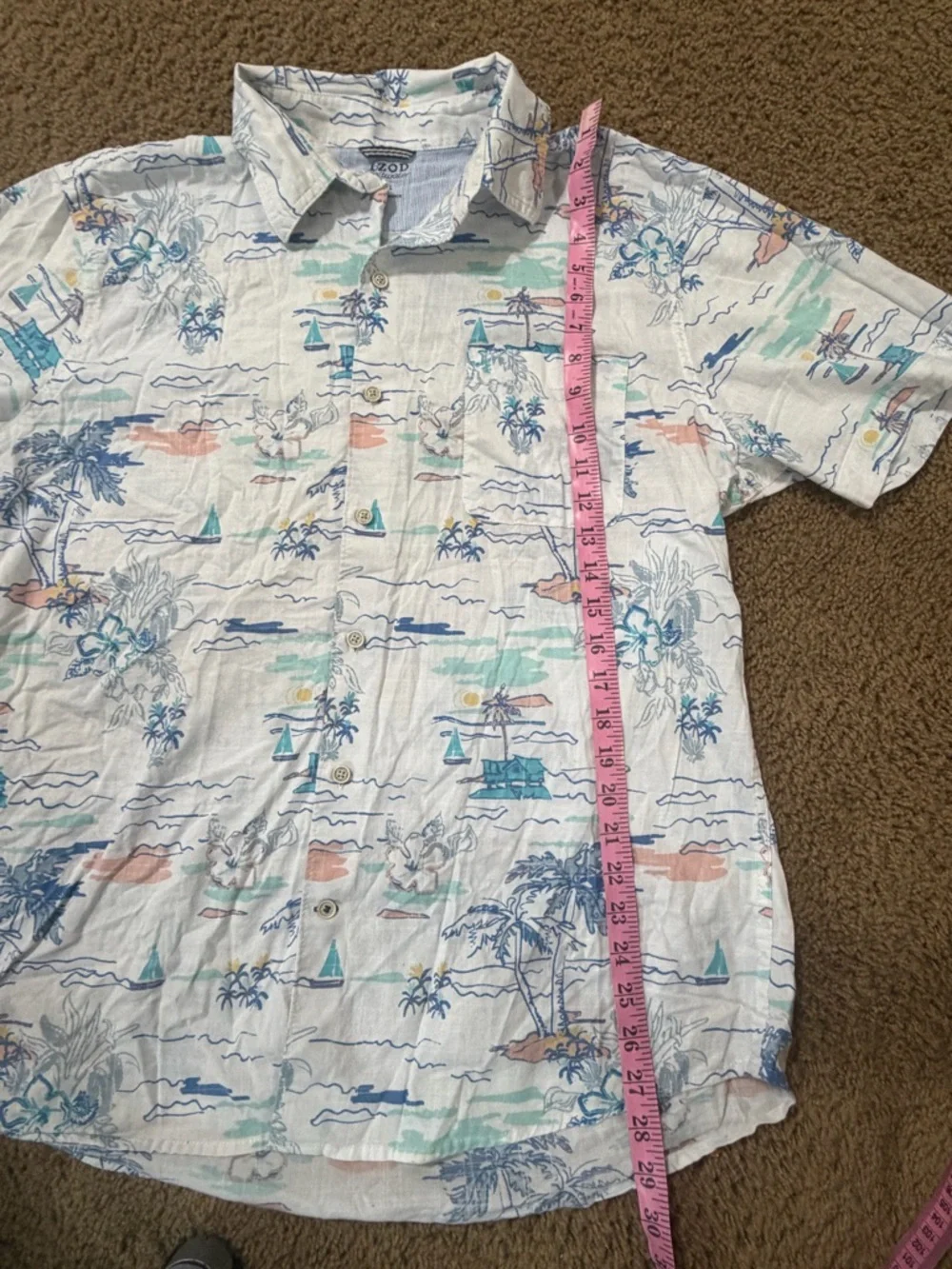 Izod Men's Light Blue Tropical-Print Short-Sleeve Button-Down Shirt Size XL - Picture 9 of 10